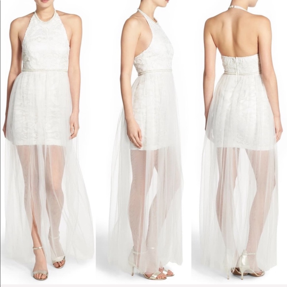 new ✶ Barefoot Bride ✶ Ethereal Pearl Trim Halter Lace Gown ✶ Ivory Size Medium - Picture 13 of 14
